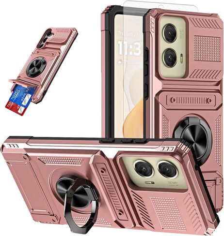 Phone Case for Motorola Moto G Play 2024 4G with Tempered Glass Screen Protector Card Slots Ring Stand Soft Silicone Bumper Hybrid Two Layer Defender for XT2413V XT2413-1 64GB Black in Saudi Arabia