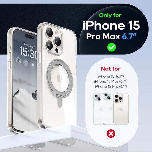 حافظة لهاتف iPhone 15 Pro Max مقاس 6.7 بوصة مع حامل حلقي مغناطيسي 360 درجة متوافق مع غطاء هاتف واقٍ مقاوم للصدمات من الكريستال الشفاف MagSafe مقاس 6.7 بوصات 2023، شفاف in Kuwait