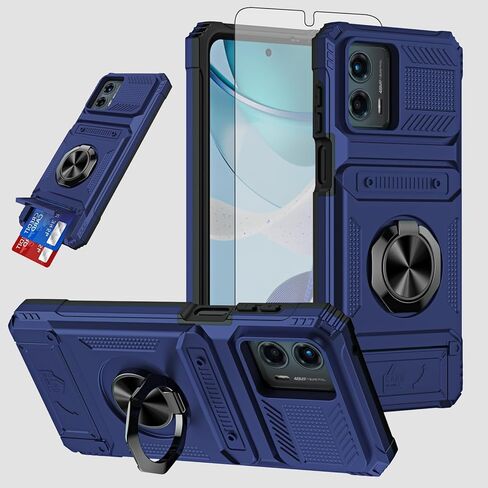 Phone Case for Motorola Moto G Play 2024 4G with Tempered Glass Screen Protector Card Slots Ring Stand Soft Silicone Bumper Hybrid Two Layer Defender for XT2413V XT2413-1 64GB Black in Saudi Arabia