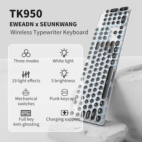 لوحة مفاتيح ميكانيكية للآلة الكاتبة اللاسلكية SEUNKWANG EWEADN TK950، 104 مفاتيح بلوتوث جمالية قديمة/2.4G/سلكية 3 أوضاع لوحة مفاتيح بإضاءة خلفية زرقاء مع مفاتيح زرقاء كليكي لأجهزة Mac والكمبيوتر الشخصي، أسود in Kuwait
