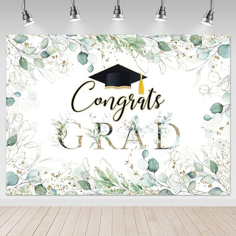 Mocsicka Greenery Graduation Backdrop 7x5ft - Congrats Grad Class of 2026 Graduate Party Background, Green Golden Leaves Graduation Party Decorations Photography Background in Kuwait
