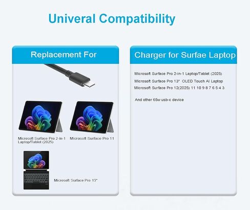 شاحن USB C بقدرة 65 وات متوافق مع الكمبيوتر المحمول/الكمبيوتر اللوحي Microsoft Surface Pro 13 بوصة (2024,2025) Copilot+ PC، Pro 12 (2025) 11 10 9، Pro 13 بوصة (OLED) سلك إمداد الطاقة Snapdragon X Elite in Kuwait