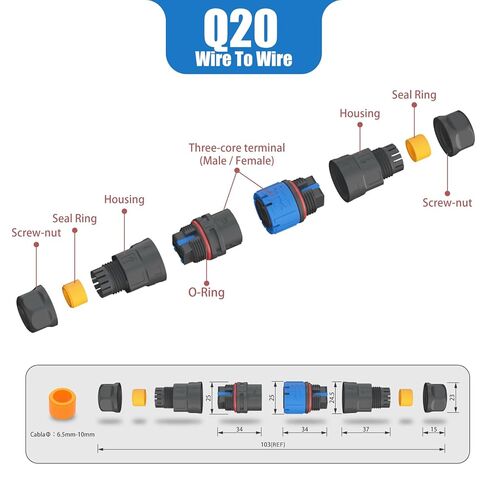 AOHUA 4-Pack Q20 IP68 موصل مقاوم للماء 3 دبابيس - مقبس توصيل كهربائي سريع 300 فولت/15 أمبير ذكر/أنثى لكابلات 5.5-10 مم، درجة صناعية/طيران (AH-Q20-1503FMZ/MFZ01232) in Kuwait