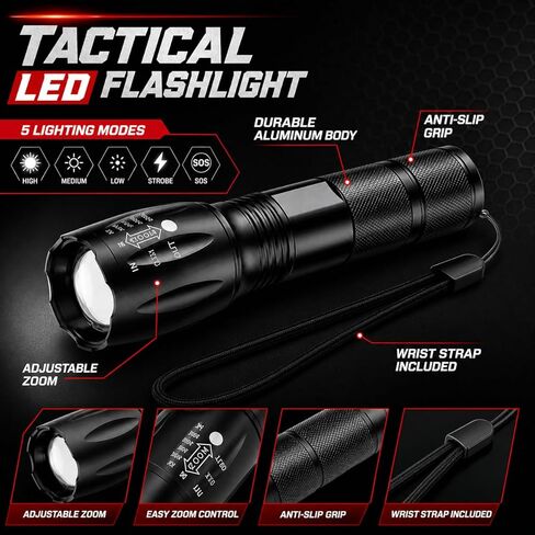 مصباح يدوي تكتيكي فائق السطوع LED - 5 أوضاع إضاءة - 2000 لومن - تصميم قابل للتكبير - مصباح يدوي مقاوم للماء ومتين ومحمول للتخييم والمشي لمسافات طويلة وحالات الطوارئ in Kuwait