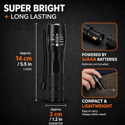 مصباح يدوي تكتيكي فائق السطوع LED - 5 أوضاع إضاءة - 2000 لومن - تصميم قابل للتكبير - مصباح يدوي مقاوم للماء ومتين ومحمول للتخييم والمشي لمسافات طويلة وحالات الطوارئ in Kuwait