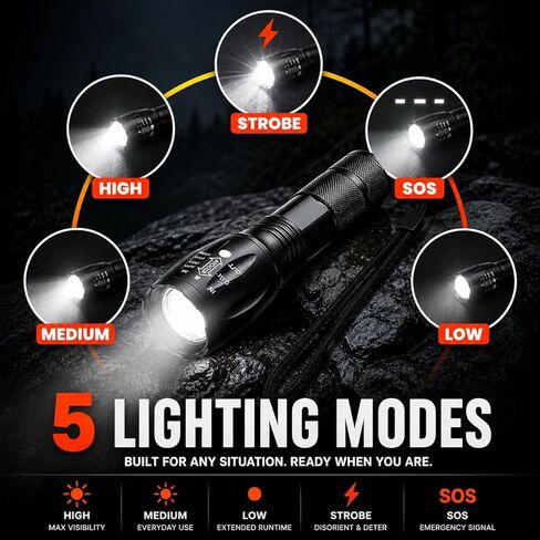 مصباح يدوي تكتيكي فائق السطوع LED - 5 أوضاع إضاءة - 2000 لومن - تصميم قابل للتكبير - مصباح يدوي مقاوم للماء ومتين ومحمول للتخييم والمشي لمسافات طويلة وحالات الطوارئ in Kuwait