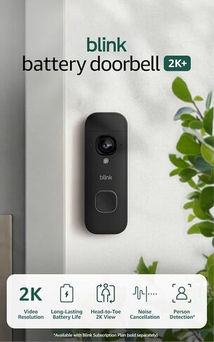 Blink Battery Doorbell 2K+ (أحدث طراز) - جرس باب فيديو لاسلكي، دقة 2K، صوت محسّن. وحدة المزامنة المطلوبة غير مضمنة - الوظيفة الإضافية (أسود) in Kuwait