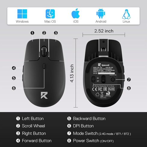 ماوس لاسلكي Redragon BM4162، ماوس ثنائي الوضع 2.4 جيجا هرتز/BT، تصميم زر عائم خفيف الوزن، نقرة صامتة، 5 نقطة في البوصة قابلة للتعديل حتى 4000، ماوس صغير مريح لأجهزة Mac وWindows in Kuwait