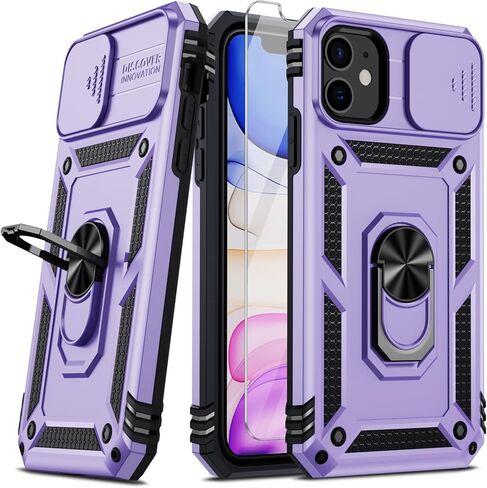 حافظة Vinve لهاتف iPhone 11، غطاء عدسة منزلق، واقي شاشة عالي الدقة، حماية من السقوط من الدرجة العسكرية، حامل حلقي يدور 360 درجة، حافظة هاتف واقية (أسود) in Kuwait