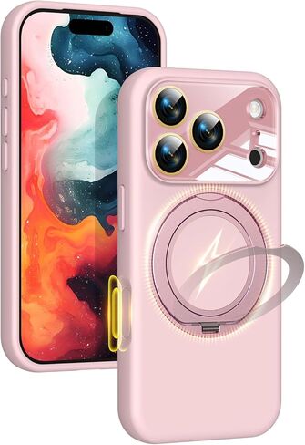 حافظة سيليكون بحامل مغناطيسي تدور 360 درجة لهاتف iPhone 17 Pro Max، [متوافقة مع Mag-Safe] [حماية معززة للكاميرا الصلبة] غطاء هاتف من مطاط السيليكون السائل مع حلقة وزر كاميرا، وردي in Kuwait