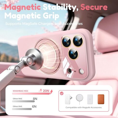 حافظة سيليكون بحامل مغناطيسي تدور 360 درجة لهاتف iPhone 17 Pro Max، [متوافقة مع Mag-Safe] [حماية معززة للكاميرا الصلبة] غطاء هاتف من مطاط السيليكون السائل مع حلقة وزر كاميرا، وردي in Kuwait