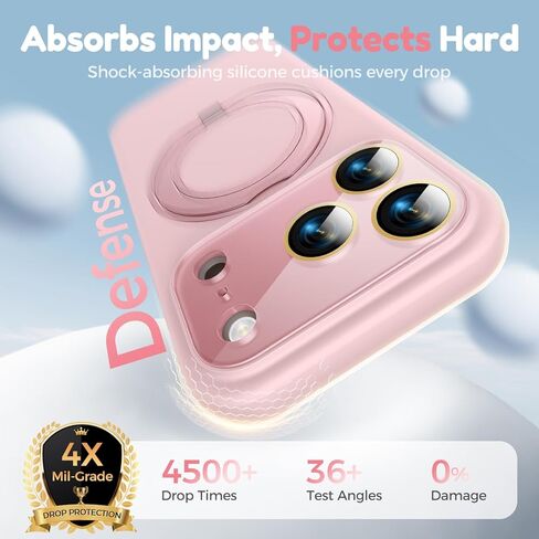 حافظة سيليكون بحامل مغناطيسي تدور 360 درجة لهاتف iPhone 17 Pro Max، [متوافقة مع Mag-Safe] [حماية معززة للكاميرا الصلبة] غطاء هاتف من مطاط السيليكون السائل مع حلقة وزر كاميرا، وردي in Kuwait