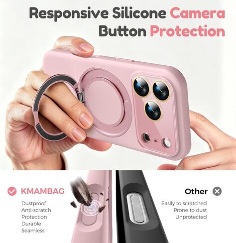 حافظة سيليكون بحامل مغناطيسي تدور 360 درجة لهاتف iPhone 17 Pro Max، [متوافقة مع Mag-Safe] [حماية معززة للكاميرا الصلبة] غطاء هاتف من مطاط السيليكون السائل مع حلقة وزر كاميرا، وردي in Kuwait