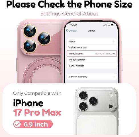 حافظة سيليكون بحامل مغناطيسي تدور 360 درجة لهاتف iPhone 17 Pro Max، [متوافقة مع Mag-Safe] [حماية معززة للكاميرا الصلبة] غطاء هاتف من مطاط السيليكون السائل مع حلقة وزر كاميرا، وردي in Kuwait