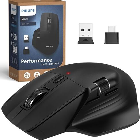 ماوس لاسلكي مريح من فيليبس، بلوتوث متعدد الأجهزة (USB-A/C) لأجهزة الكمبيوتر المحمول وأجهزة Mac/PC، ماوس إنتاجي صامت مع تمرير جانبي، ماوس كمبيوتر قابل لإعادة الشحن بـ 5 مستويات DPI، راحة اليد اليمنى in Kuwait