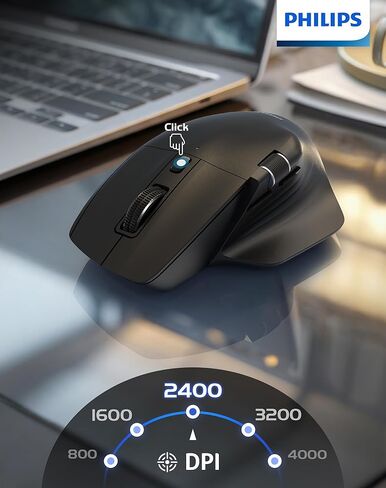 ماوس لاسلكي مريح من فيليبس، بلوتوث متعدد الأجهزة (USB-A/C) لأجهزة الكمبيوتر المحمول وأجهزة Mac/PC، ماوس إنتاجي صامت مع تمرير جانبي، ماوس كمبيوتر قابل لإعادة الشحن بـ 5 مستويات DPI، راحة اليد اليمنى in Kuwait