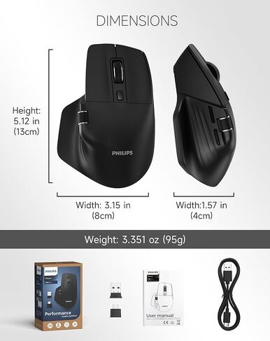 ماوس لاسلكي مريح من فيليبس، بلوتوث متعدد الأجهزة (USB-A/C) لأجهزة الكمبيوتر المحمول وأجهزة Mac/PC، ماوس إنتاجي صامت مع تمرير جانبي، ماوس كمبيوتر قابل لإعادة الشحن بـ 5 مستويات DPI، راحة اليد اليمنى in Kuwait