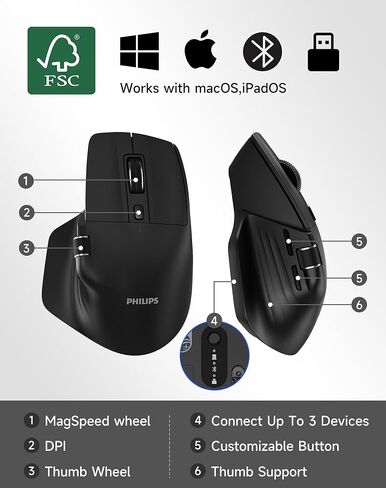 ماوس لاسلكي مريح من فيليبس، بلوتوث متعدد الأجهزة (USB-A/C) لأجهزة الكمبيوتر المحمول وأجهزة Mac/PC، ماوس إنتاجي صامت مع تمرير جانبي، ماوس كمبيوتر قابل لإعادة الشحن بـ 5 مستويات DPI، راحة اليد اليمنى in Kuwait