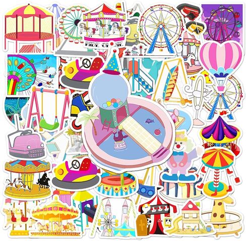 50 Pcs Happy Amusement Park Stickers, 1.96-3.15inch Cartoon Entertainment Decorative Stickers, Self-Adhesive for Scrapbooking, Kids' Room Decoration, Party Setup(Amusement Park) in Kuwait
