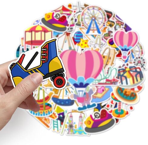 50 Pcs Happy Amusement Park Stickers, 1.96-3.15inch Cartoon Entertainment Decorative Stickers, Self-Adhesive for Scrapbooking, Kids' Room Decoration, Party Setup(Amusement Park) in Kuwait