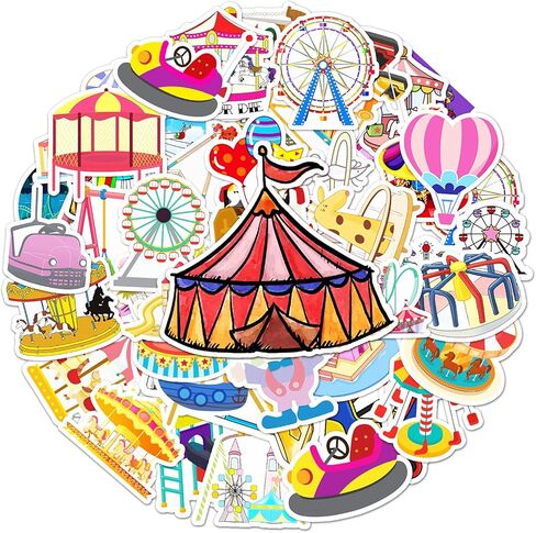 50 Pcs Happy Amusement Park Stickers, 1.96-3.15inch Cartoon Entertainment Decorative Stickers, Self-Adhesive for Scrapbooking, Kids' Room Decoration, Party Setup(Amusement Park) in Kuwait