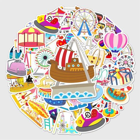 50 Pcs Happy Amusement Park Stickers, 1.96-3.15inch Cartoon Entertainment Decorative Stickers, Self-Adhesive for Scrapbooking, Kids' Room Decoration, Party Setup(Amusement Park) in Kuwait