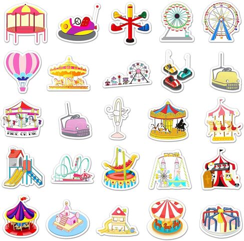 50 Pcs Happy Amusement Park Stickers, 1.96-3.15inch Cartoon Entertainment Decorative Stickers, Self-Adhesive for Scrapbooking, Kids' Room Decoration, Party Setup(Amusement Park) in Kuwait