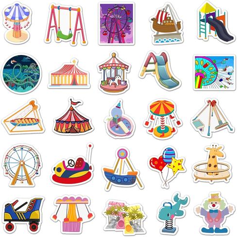 50 Pcs Happy Amusement Park Stickers, 1.96-3.15inch Cartoon Entertainment Decorative Stickers, Self-Adhesive for Scrapbooking, Kids' Room Decoration, Party Setup(Amusement Park) in Kuwait