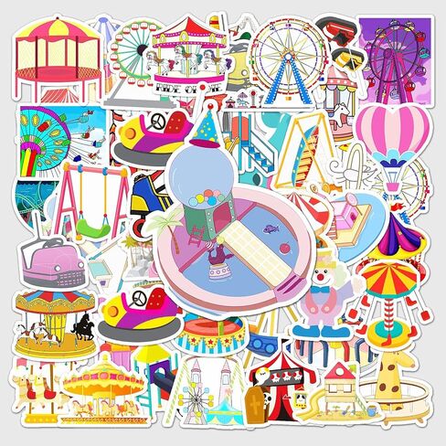 50 Pcs Happy Amusement Park Stickers, 1.96-3.15inch Cartoon Entertainment Decorative Stickers, Self-Adhesive for Scrapbooking, Kids' Room Decoration, Party Setup(Amusement Park) in Kuwait