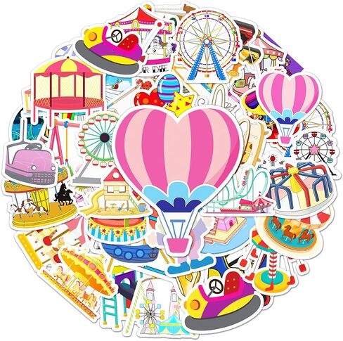 50 Pcs Happy Amusement Park Stickers, 1.96-3.15inch Cartoon Entertainment Decorative Stickers, Self-Adhesive for Scrapbooking, Kids' Room Decoration, Party Setup(Amusement Park) in Kuwait