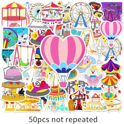 50 Pcs Happy Amusement Park Stickers, 1.96-3.15inch Cartoon Entertainment Decorative Stickers, Self-Adhesive for Scrapbooking, Kids' Room Decoration, Party Setup(Amusement Park) in Kuwait