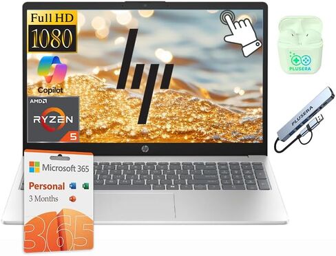 HP 15.6" FHD Touchscreen Laptop Computer with Microsoft Office 365, AMD Ryzen 5 7520U Processor, 8GB RAM 512GB Storage (256GB SSD+256GB External), Windows 11, AI Copilot, PLUSERA Earphones, Silver in Kuwait