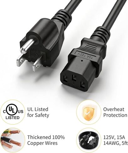 Food Party Replacement Power Cord 5ft / 1.5m for Electric Hot Pot Grill FPJ201 FPJ202 125V 15Amp 14AWG UL Certified 3 Prong Power Cable in Kuwait