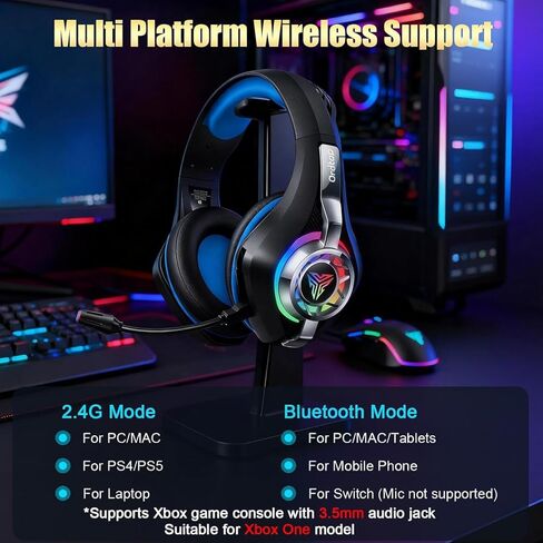 سماعات رأس Ordtop اللاسلكية للألعاب لأجهزة PS5/PS4/Switch، سماعات رأس بخاصية إلغاء الضوضاء 2026 RGB مع ميكروفون، اتصال 4 في 1، رغوة الذاكرة، سماعات رأس لاسلكية للألعاب لمدة 45 ساعة in Kuwait