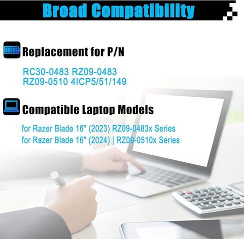 RC30-0483 استبدال بطارية الكمبيوتر المحمول لـ Razer Blade 16 بوصة (2023) RZ09-0483x Blade 16 بوصة (2024) RZ09-0510x RZ09-0510SEN3-R3E1 RZ09-0510SWN3-R3W1 Series RZ09-0483 RZ09-0510 4ICP5/51/149 95.2 واط ساعي 6182 مللي أمبير in Kuwait
