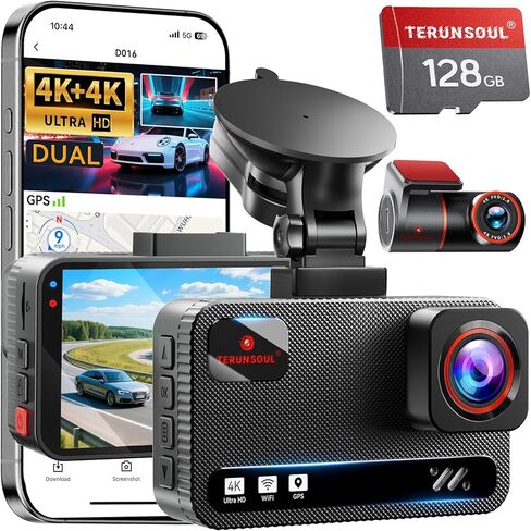 4K+4K Dash Cam Front and Rear, Free 128GB Card Included, 5.8GHz WiFi Dash Camera for Cars, Built-in GPS, G-Sensor, 170°Wide Angle, 3" IPS Screen, Support 512GB Max in Kuwait