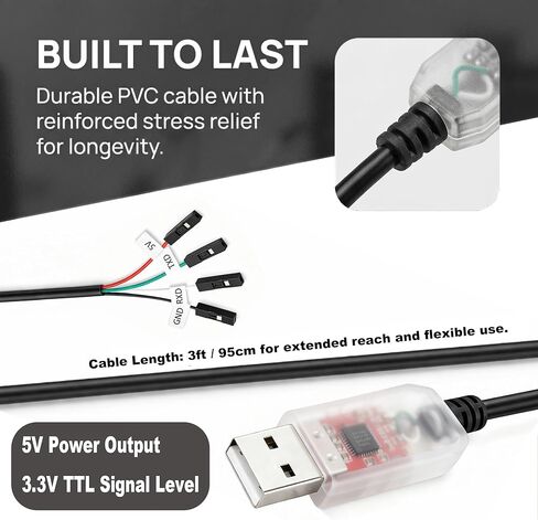 CP2102 USB to TTL Serial Adapter Cable, USB 2.0 to UART Converter 4 Pin (TXD RXD GND 5V), 3ft/95cm Long, 3.3V TTL Signal for Arduino, Raspberry Pi, ESP8266, ESP32 in Kuwait