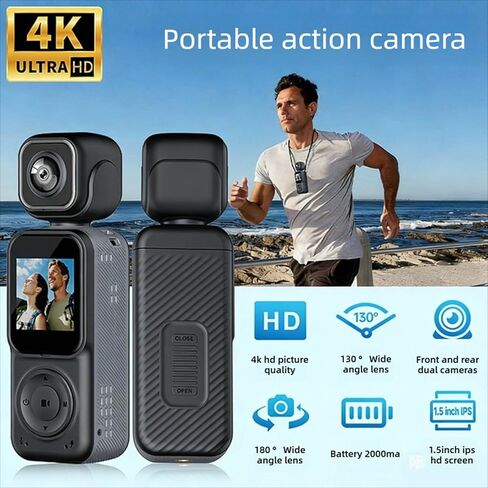 EBTOOLS مسجل فيديو محمول، 4K 12MP عدسة مزدوجة 180 درجة دوران واي فاي كاميرا رياضية محمولة مع بطارية 2000 مللي أمبير في الساعة لمدونات الفيديو في الهواء الطلق وركوب الأمواج والتخييم in Kuwait