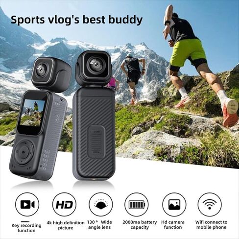 EBTOOLS مسجل فيديو محمول، 4K 12MP عدسة مزدوجة 180 درجة دوران واي فاي كاميرا رياضية محمولة مع بطارية 2000 مللي أمبير في الساعة لمدونات الفيديو في الهواء الطلق وركوب الأمواج والتخييم in Kuwait