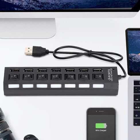 موزع USB بـ 7 منافذ، محور شحن USB يعمل بالطاقة، محور شحن USB، محور USB يعمل بالطاقة USB C، محور USB يعمل بالطاقة، USB C إلى USB Hub، منافذ USB متعددة لأجهزة الكمبيوتر المحمول (7 منافذ سوداء) in Kuwait