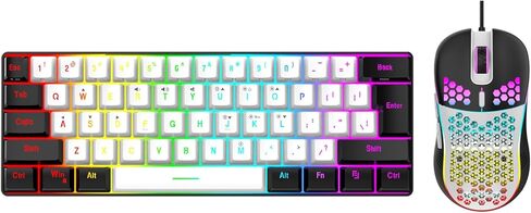 لوحة مفاتيح ميكانيكية للألعاب، 61 مفتاحًا متعدد الألوان RGB بإضاءة خلفية LED ولوحة مفاتيح سلكية وماوس للكمبيوتر اللوحي والكمبيوتر المحمول ولوحة مفاتيح الكمبيوتر (إطار أسود مركزي أبيض) in Kuwait
