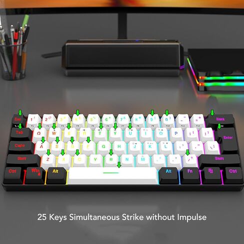 لوحة مفاتيح ميكانيكية للألعاب، 61 مفتاحًا متعدد الألوان RGB بإضاءة خلفية LED ولوحة مفاتيح سلكية وماوس للكمبيوتر اللوحي والكمبيوتر المحمول ولوحة مفاتيح الكمبيوتر (إطار أسود مركزي أبيض) in Kuwait