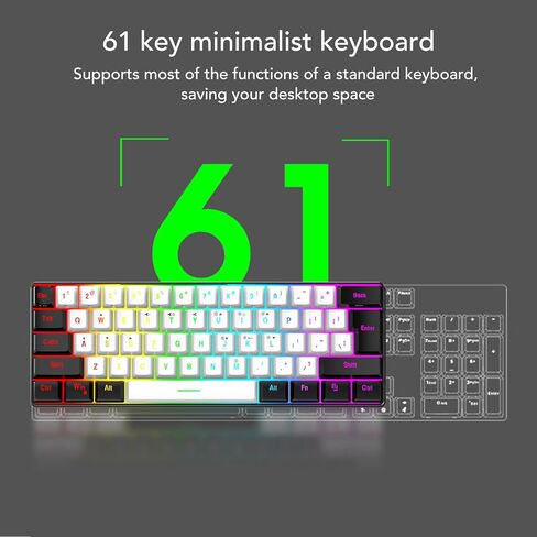 لوحة مفاتيح ميكانيكية للألعاب، 61 مفتاحًا متعدد الألوان RGB بإضاءة خلفية LED ولوحة مفاتيح سلكية وماوس للكمبيوتر اللوحي والكمبيوتر المحمول ولوحة مفاتيح الكمبيوتر (إطار أسود مركزي أبيض) in Kuwait