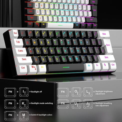 لوحة مفاتيح ميكانيكية للألعاب، 61 مفتاحًا متعدد الألوان RGB بإضاءة خلفية LED ولوحة مفاتيح سلكية وماوس للكمبيوتر اللوحي والكمبيوتر المحمول ولوحة مفاتيح الكمبيوتر (إطار أسود مركزي أبيض) in Kuwait