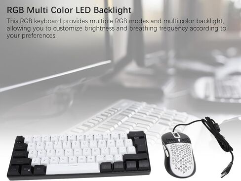 لوحة مفاتيح ميكانيكية للألعاب، 61 مفتاحًا متعدد الألوان RGB بإضاءة خلفية LED ولوحة مفاتيح سلكية وماوس للكمبيوتر اللوحي والكمبيوتر المحمول ولوحة مفاتيح الكمبيوتر (إطار أسود مركزي أبيض) in Kuwait