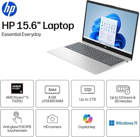 كمبيوتر محمول للأعمال بشاشة لمس HP مقاس 15.6 بوصة بدقة FHD | إصدار 2026 | AMD Ryzen 5 (حتى 4.3 جيجا هرتز) | ذاكرة وصول عشوائي DDR5 سعة 8 جيجابايت ومحرك أقراص PCIe SSD سعة 512 جيجابايت | مفتاح AI Copilot | Windows 11 مع Office 365 للويب • بدون ماوس in Kuwait