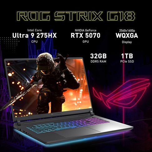 كمبيوتر محمول للألعاب ASUS ROG Strix G18 مقاس 18 بوصة WQXGA 240 هرتز، GeForce RTX 5070 8 جيجابايت، Intel Ultra 9 275HX، 32 جيجابايت DDR5، 1 تيرابايت SSD، لوحة مفاتيح بإضاءة خلفية، كاميرا تعمل بالأشعة تحت الحمراء، Win11 Pro، رمادي (متجدد) in Kuwait