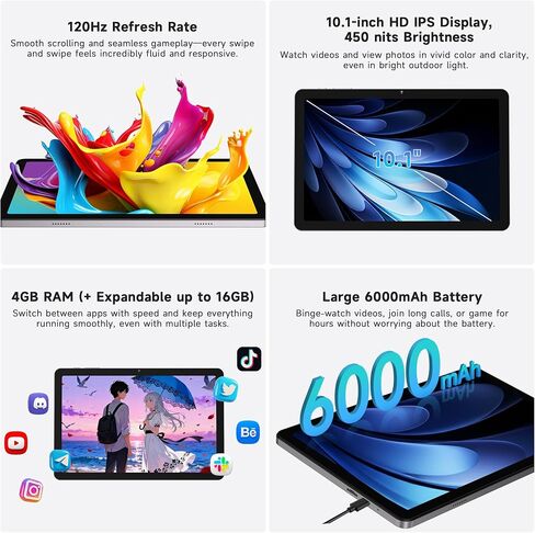 تابلت AOC مقاس 10.1 بوصة يعمل بنظام Android، نظام Android 16، شاشة فائقة السلاسة بتردد 120 هرتز، ذاكرة وصول عشوائي 4 جيجابايت وذاكرة وصول عشوائي 128 جيجابايت (قابلة للتوسيع بسعة 1 تيرابايت)، معالج ثماني النواة، Widevine L1 للبث عالي الدقة، فتح القفل بالوج in Kuwait