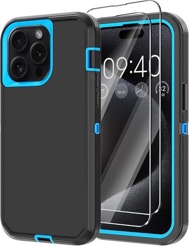 حافظة لهاتف iPhone 15 Pro Max مع 2 واقي شاشة، حماية ضد السقوط لكامل الجسم شديد التحمل من 3 طبقات غطاء هاتف متين عسكري لهاتف Apple iPhone 15 Pro Max 6.7 بوصة (أسود) in Kuwait