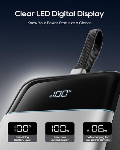 بنك طاقة CUKTECH بقدرة 25,000 مللي أمبير في الساعة، شاحن محمول بقدرة 100 واط بحد أقصى مع كابل USB-C مدمج، حزمة بطارية خارجية للشحن السريع لأجهزة MacBook Pro/Air، iPhone 17/16/15 Series، Samsung، Pixel، معتمد من شركات الطيران in Kuwait